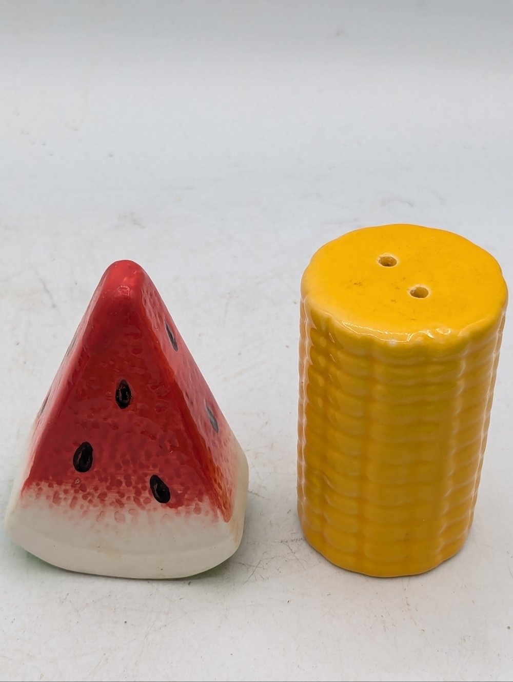 Vintage Watermelon and Corn on the Cob Salt and Pepper Shakers Ceramic Novelty